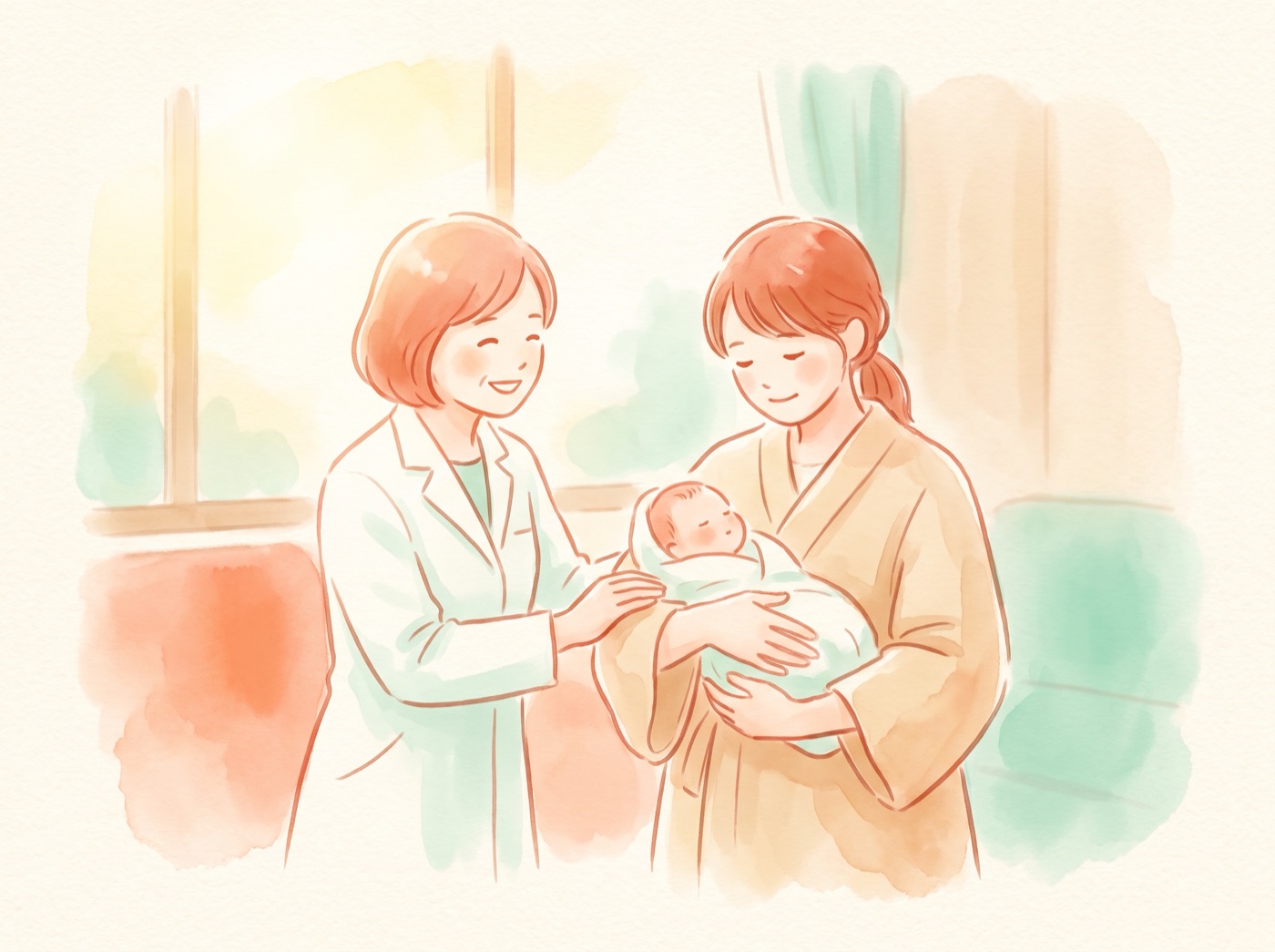 赤ちゃんを抱くお母さんと、ほほえむ女性の先生の水彩画